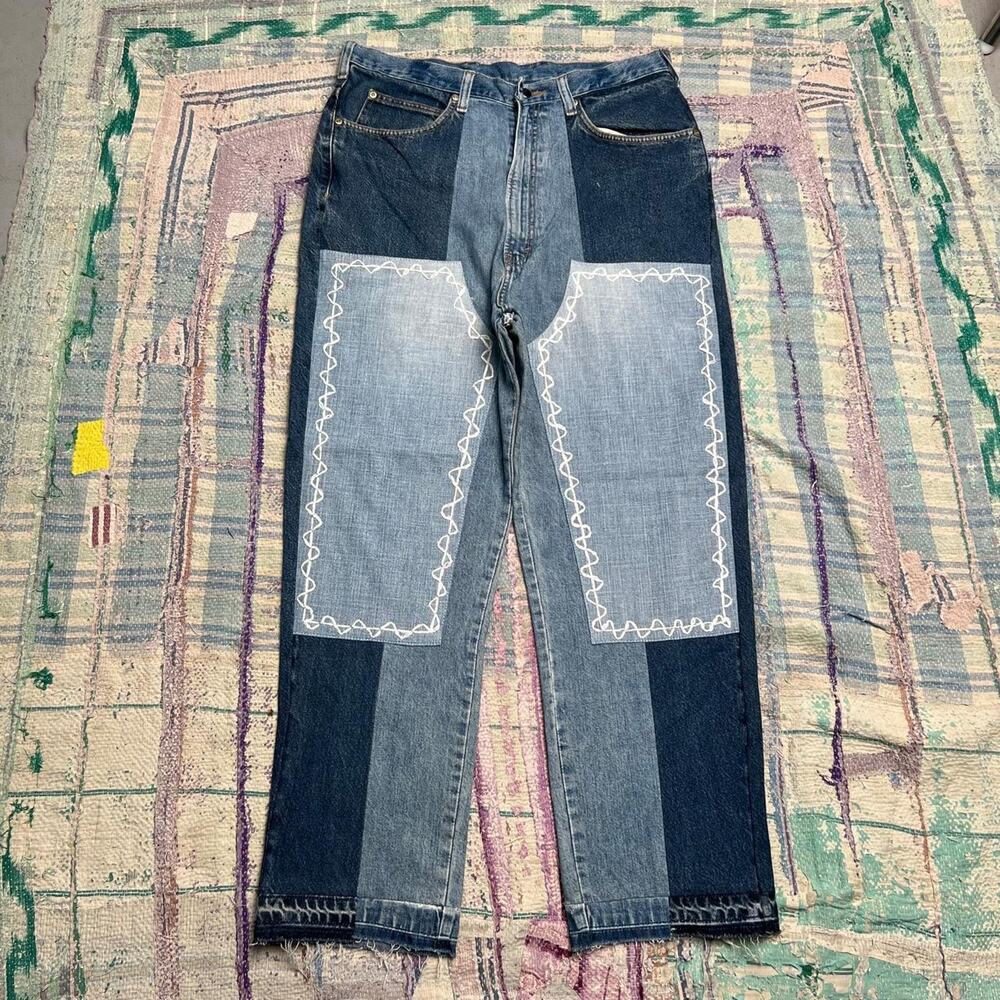 Custom Upcycled double knee jeans with Sashiko hand stitching 34x28